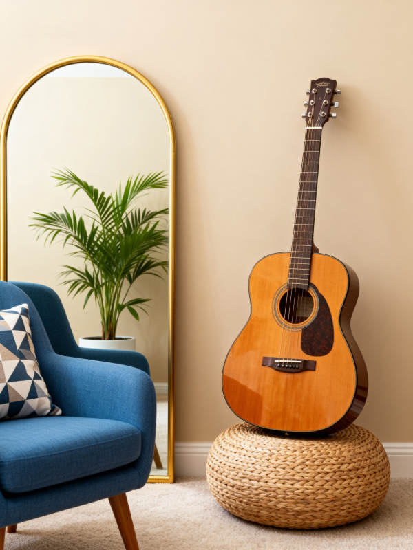 吉他静置 绿植相伴图片