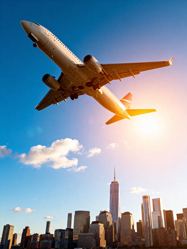 飞机飞越城市天际线图片