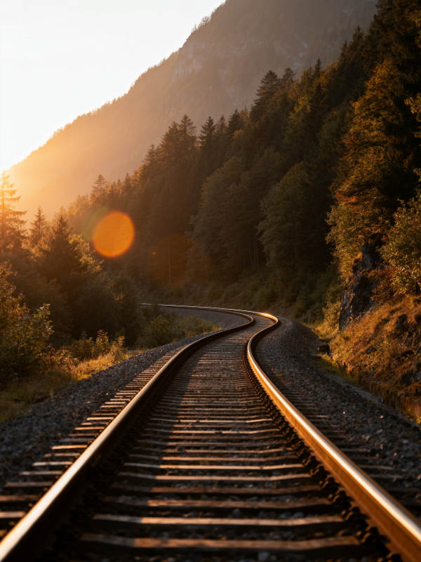 山间铁轨晨光图片