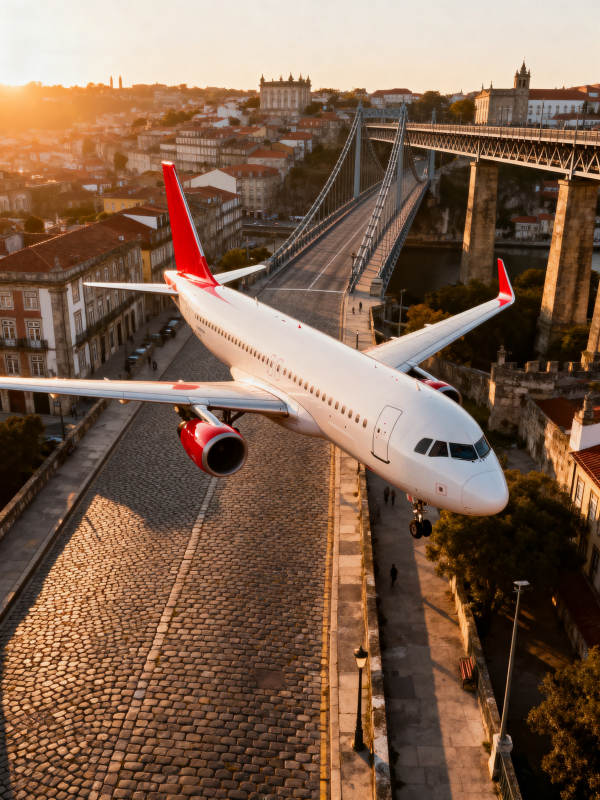 飞机飞越城市桥梁图片