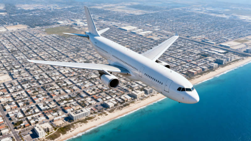 飞机飞越海滨城市图片