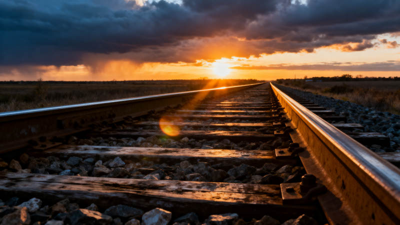 铁轨尽头的夕阳图片