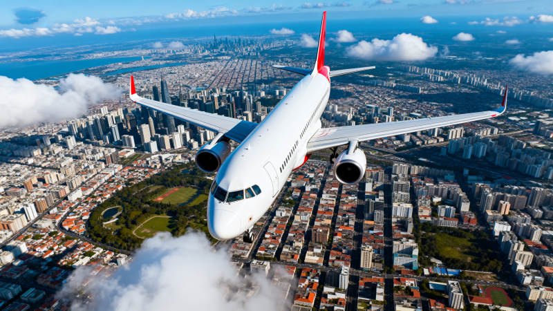 飞机飞越城市上空图片