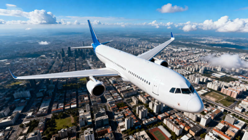 飞机飞越城市上空图片