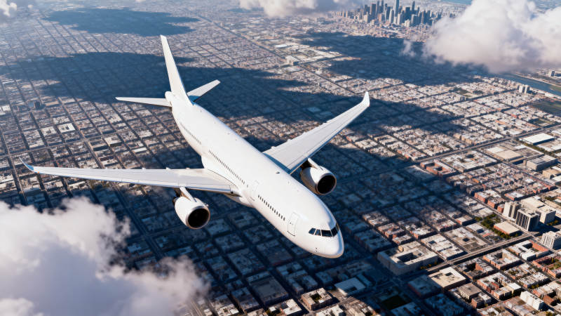 飞机飞越城市上空图片