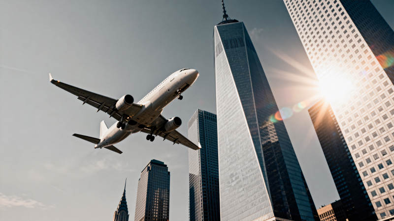 飞机飞越城市天际线图片