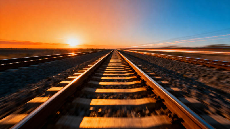 铁轨延伸向夕阳图片
