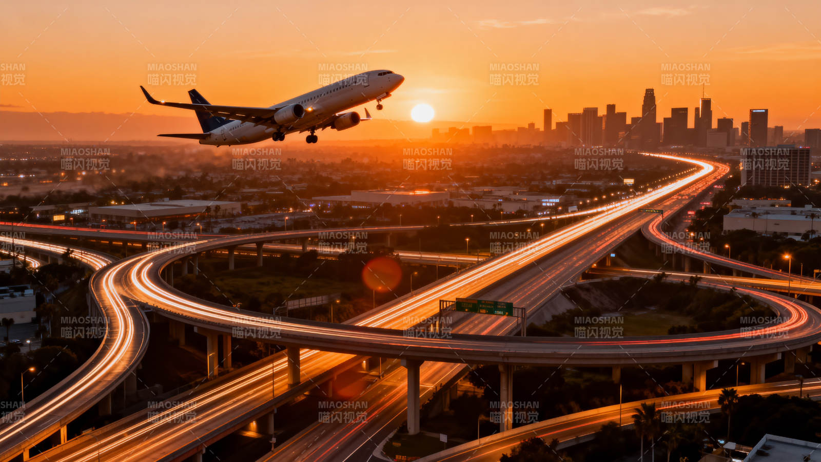 日落飞航都市图片