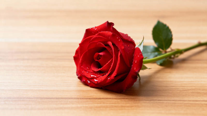 红玫瑰静卧木桌图片