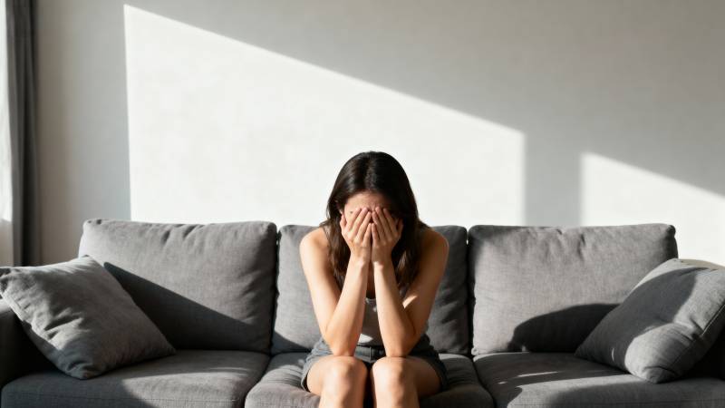 女子掩面坐在沙发上图片