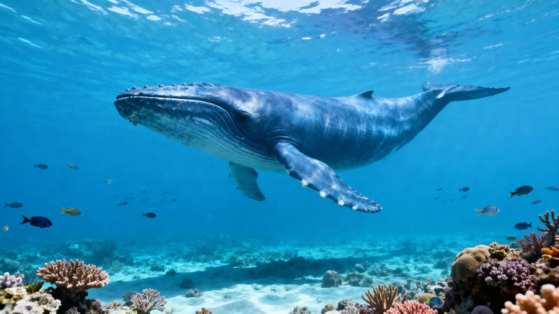 鲸鱼游弋珊瑚海图片