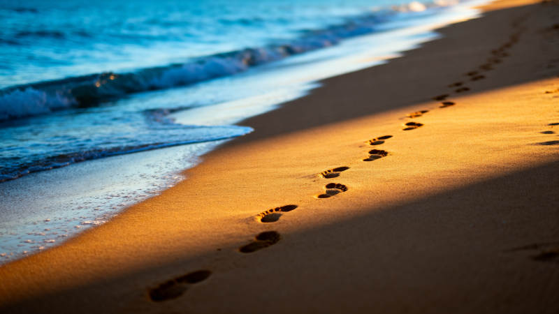 沙滩足迹与海浪图片