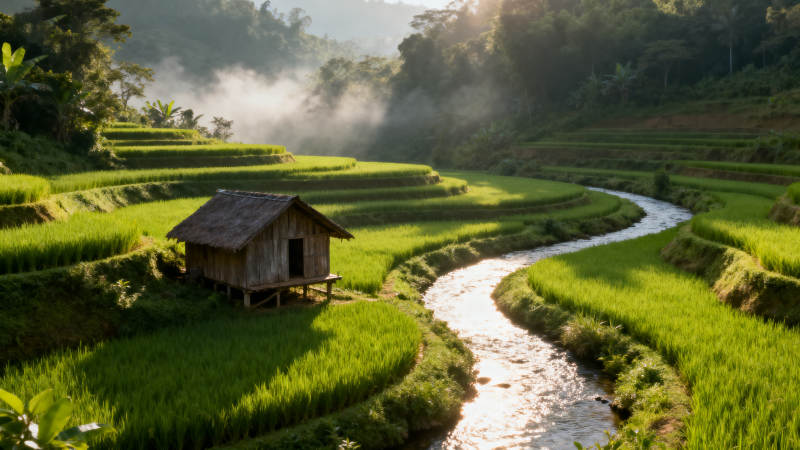 梯田晨雾小屋图片