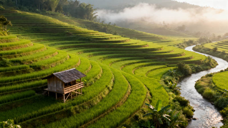 梯田晨曦小屋图片