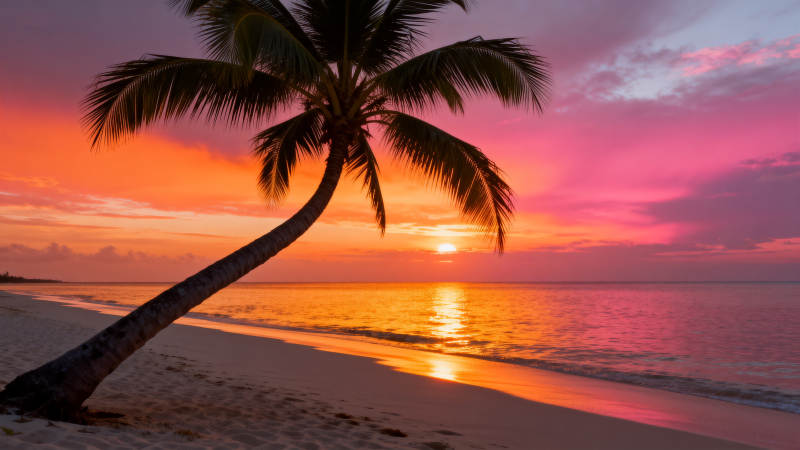 椰影映霞光图片