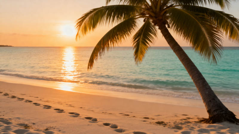 夕阳椰影海滩图片