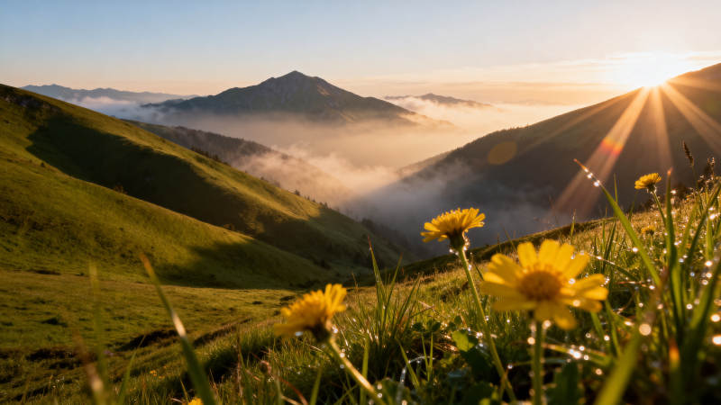 山间晨曦花影图片