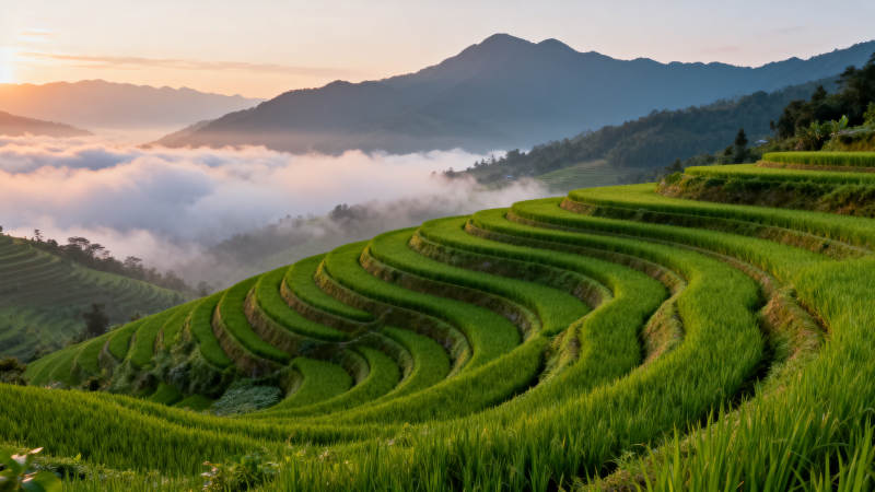梯田晨雾图片