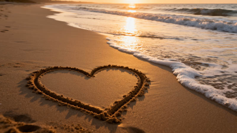 沙滩心形日落图片