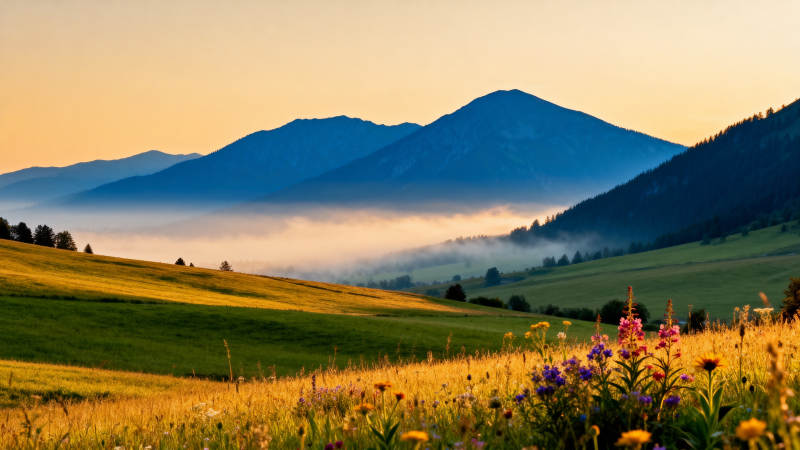 山间晨雾花田图片