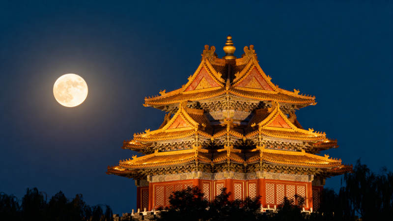 月照古殿夜景图片