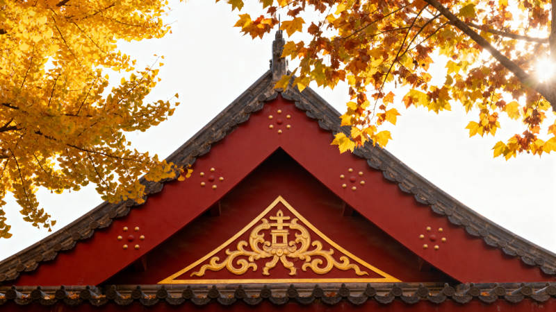 秋叶映古檐图片