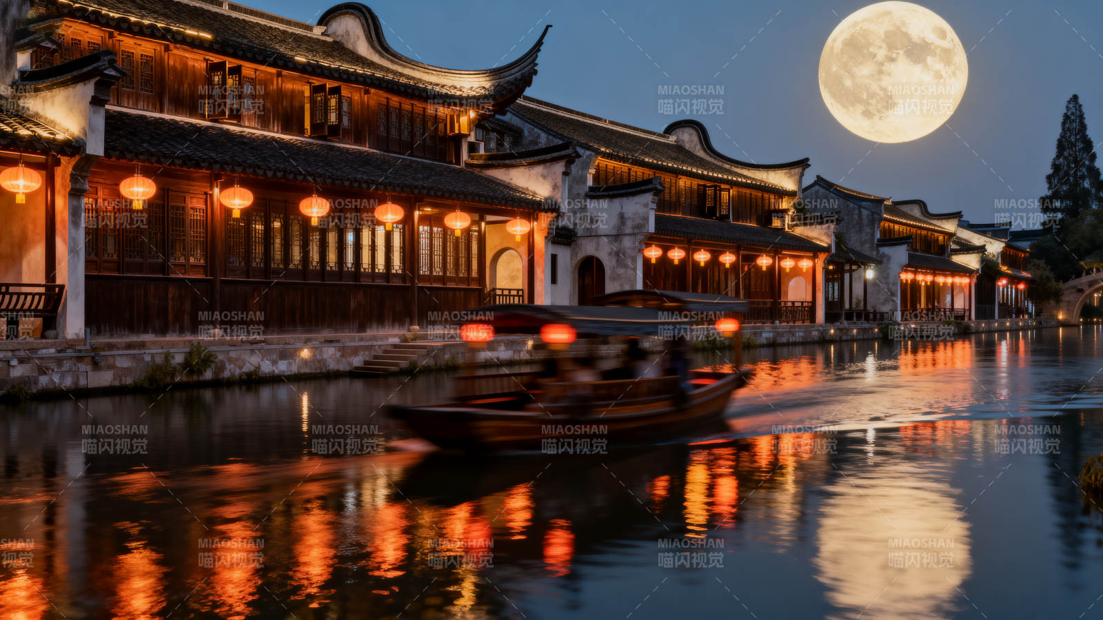 月夜水乡灯火船图片