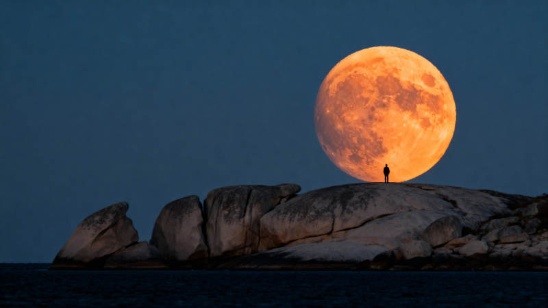 月升岩上人影图片