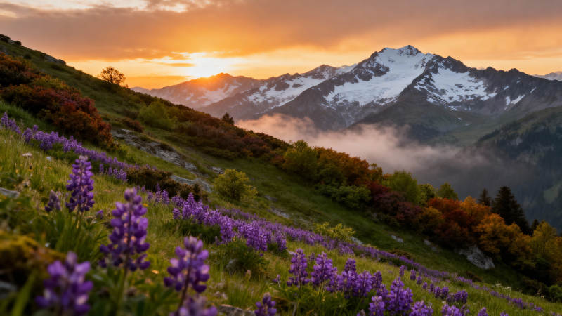 山野花海日出图片