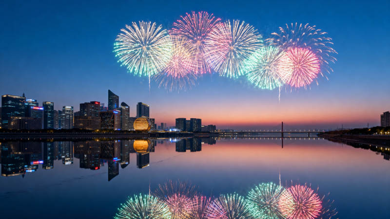 烟花映城夜景图片