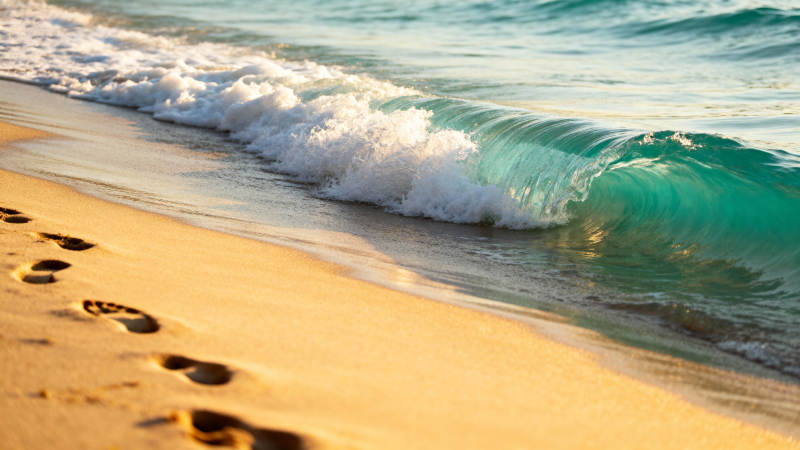 沙滩上的足迹与海浪图片