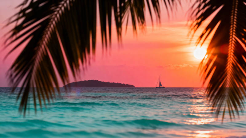 椰影夕阳海景图片