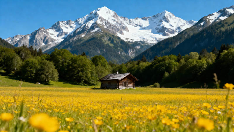 雪山花海小屋图片
