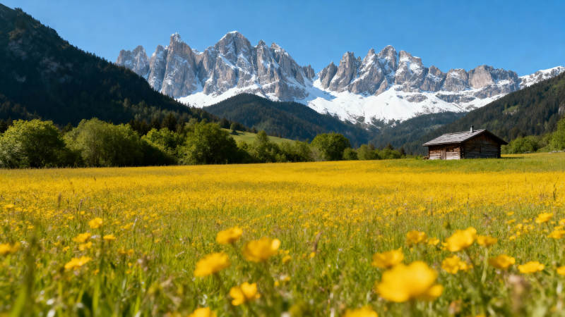 雪山花海田园风光图片