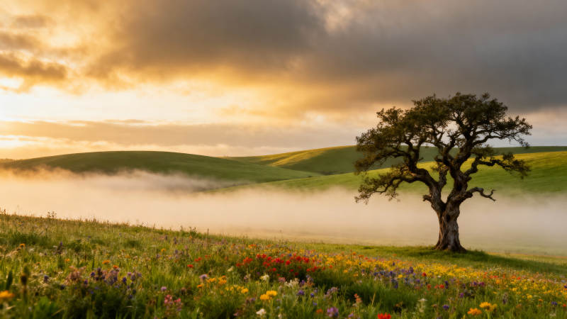 晨雾中的孤树图片
