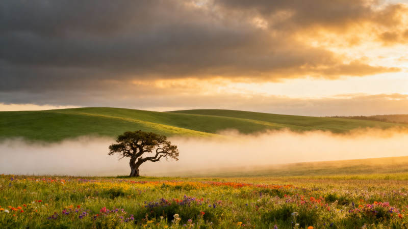 晨雾中的孤树图片