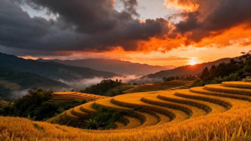 梯田日落美景图片