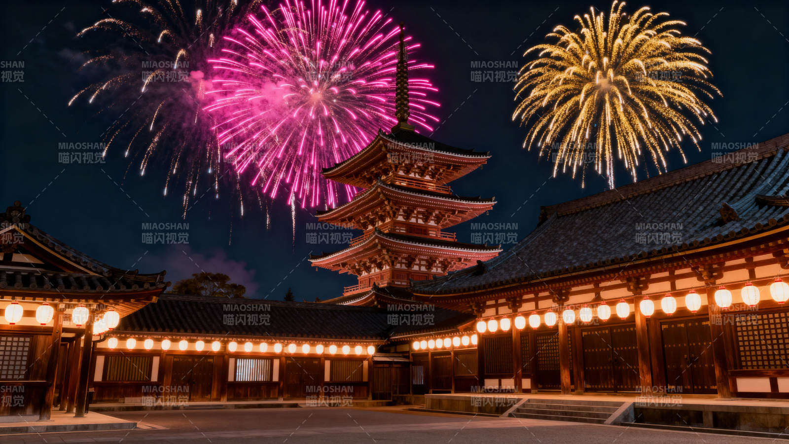 烟花映古寺夜景图片