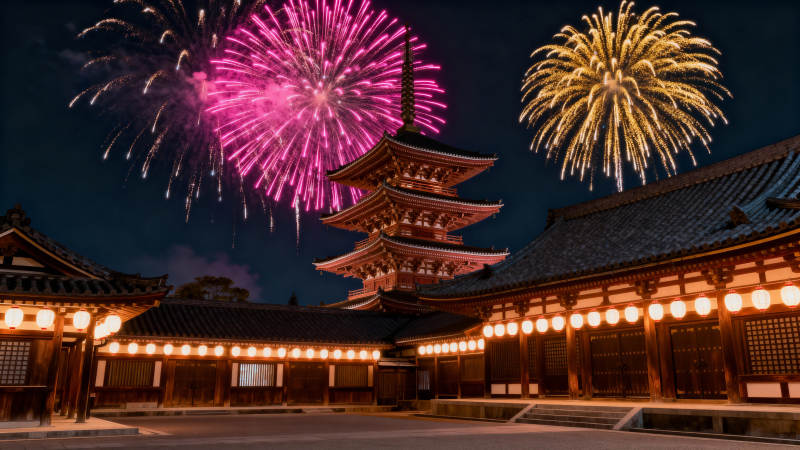 烟花映古寺夜景图片