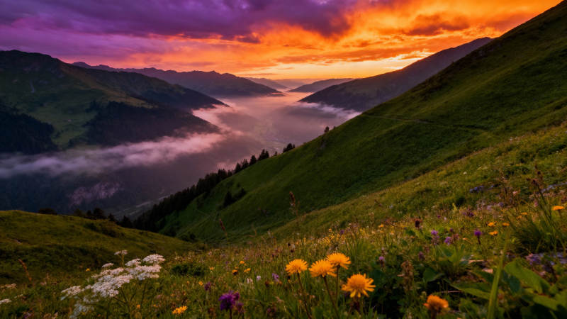 山间花海日出图片