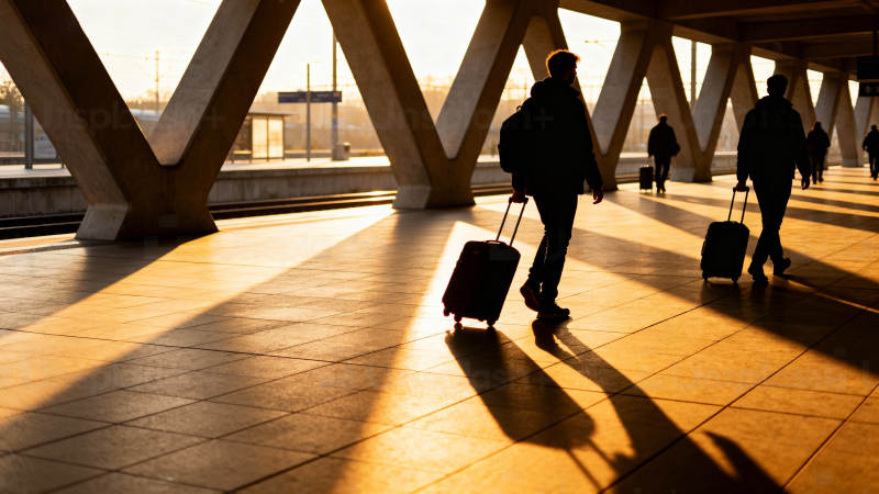 夕阳下的旅人剪影图片