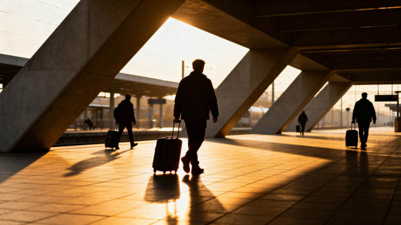 夕阳下的旅人剪影图片