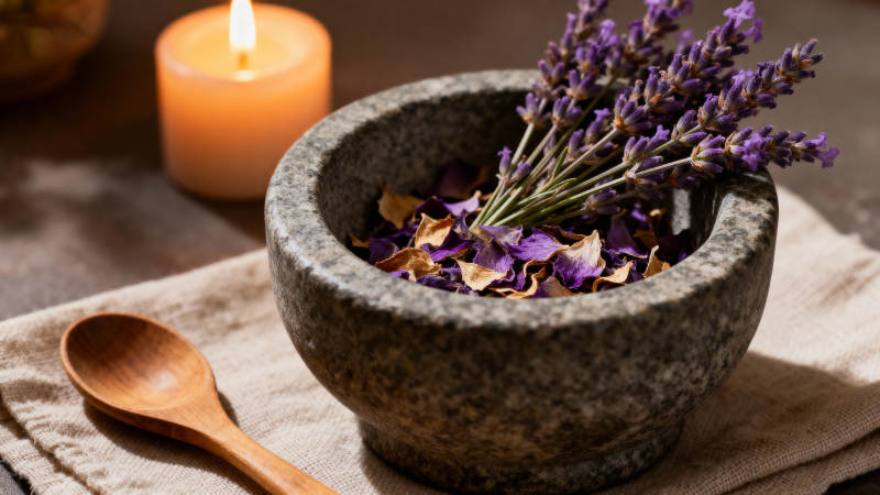 薰衣草与石臼静物图片