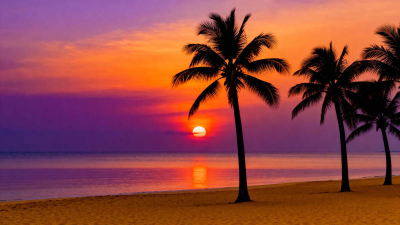 夕阳下的椰林海滩图片