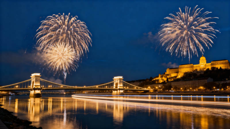 烟花映桥夜景图片