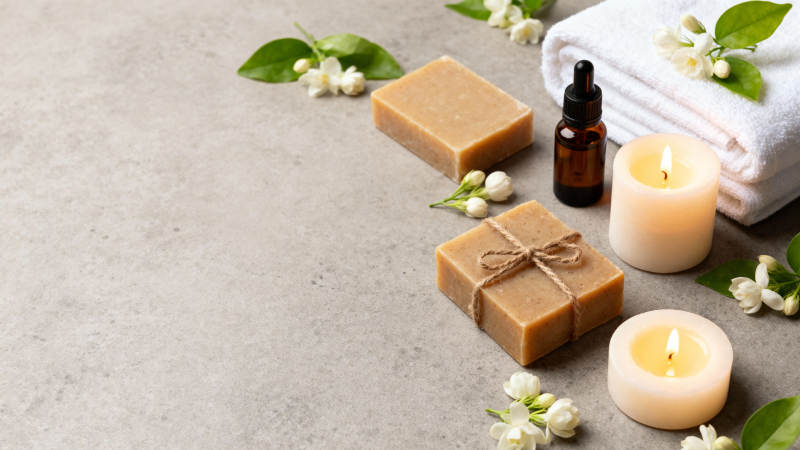 香氛皂与蜡烛静物图片