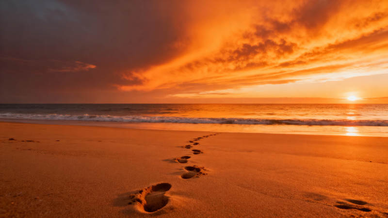 夕阳沙滩足迹图片