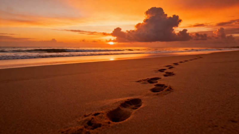 夕阳下的沙滩足迹图片
