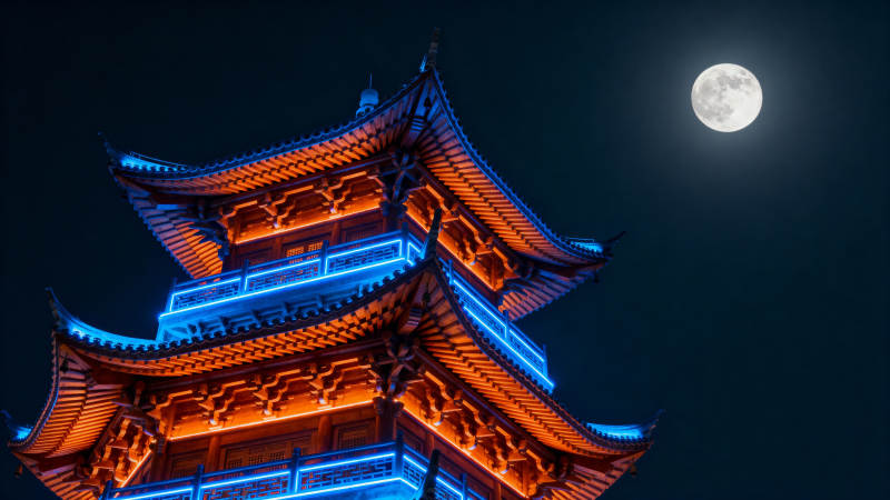 月下古塔夜景图片