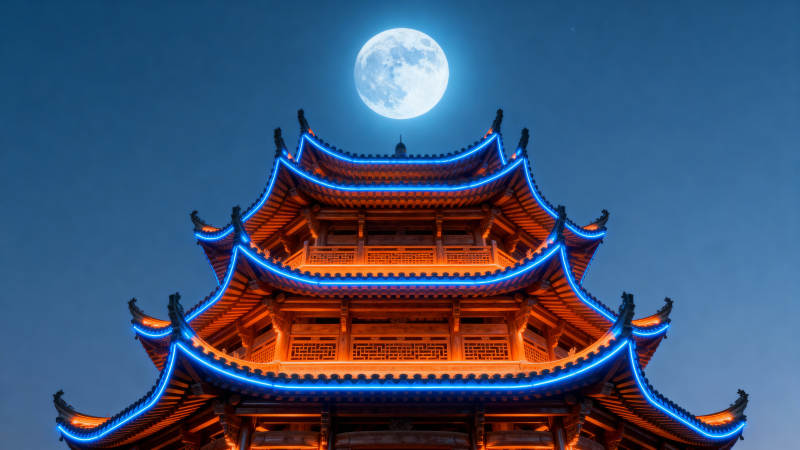 月照古塔夜景图片